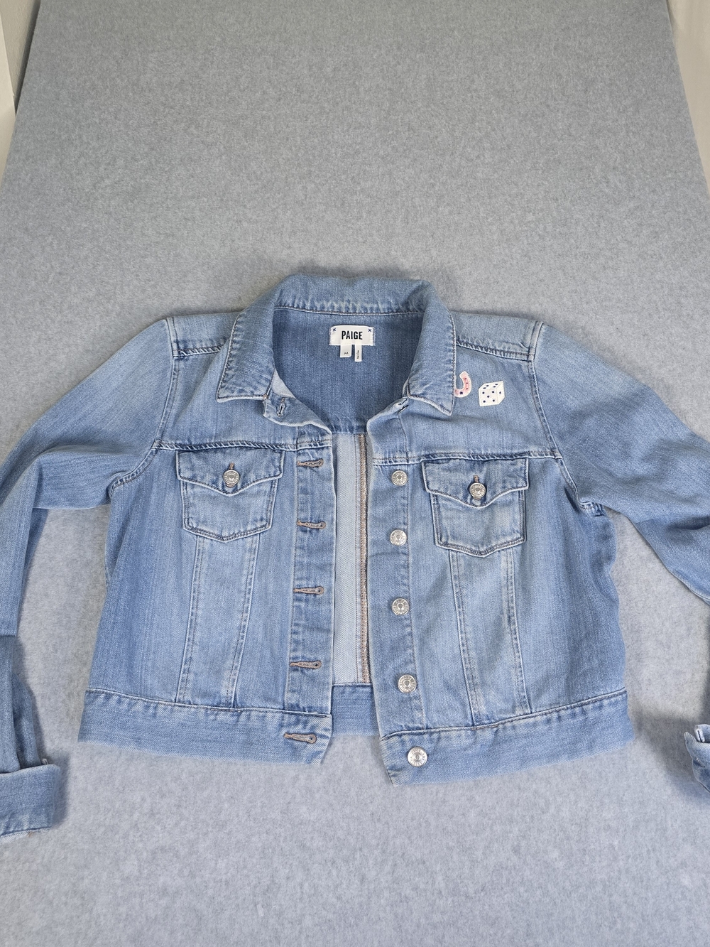 PAIGE Zadie Denim Jacket M Embroidered Horseshoe Dice Light Wash